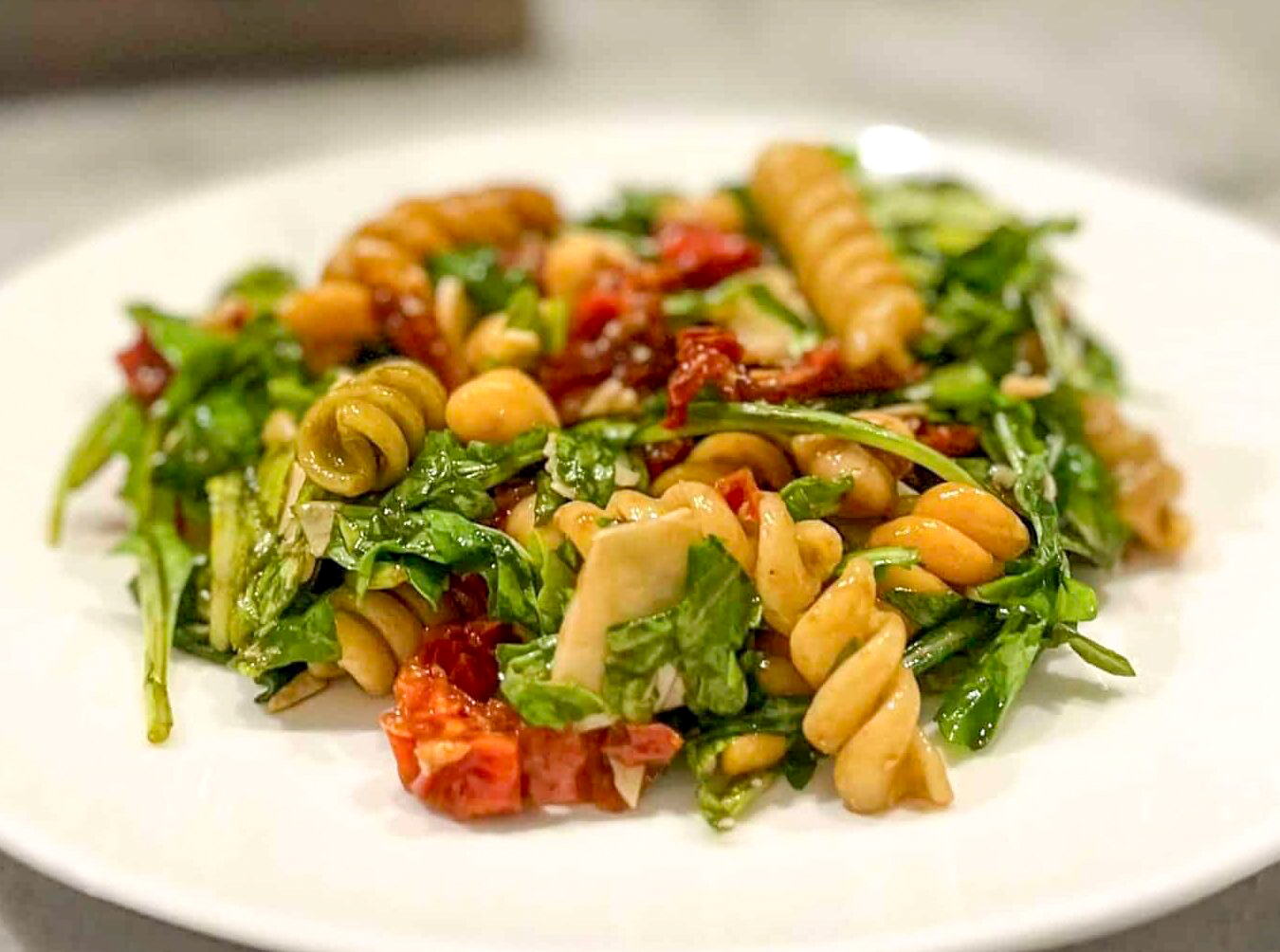 Arugula Pasta Salad with Chickpeas and Sun Dried Tomatoes
