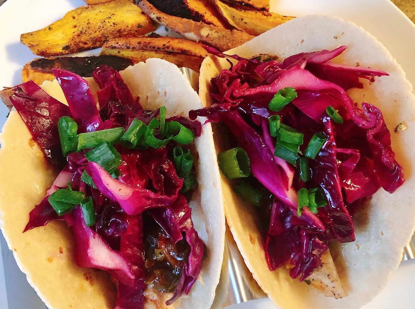 BBQ Chicken Tacos with Cabbage Slaw & Sweet Potatoes