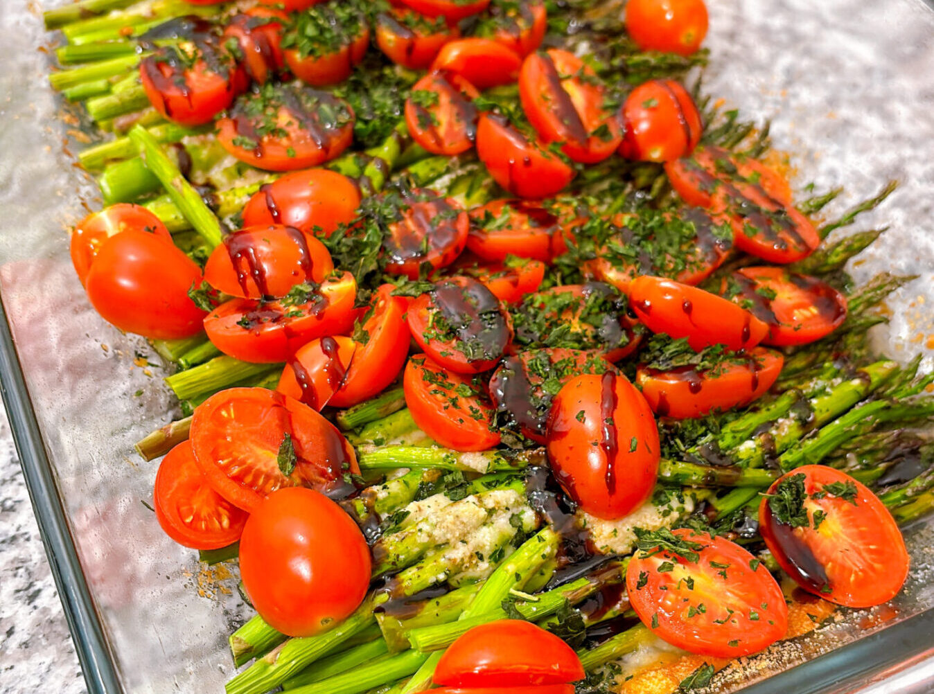 Balsamic Parmesan Roasted Asparagus and Tomatoes