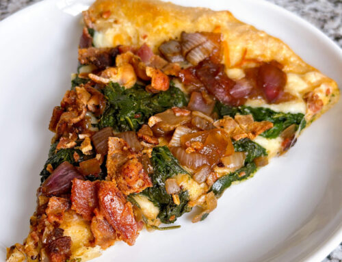 Caramelized Onion, Bacon and Spinach Pizza