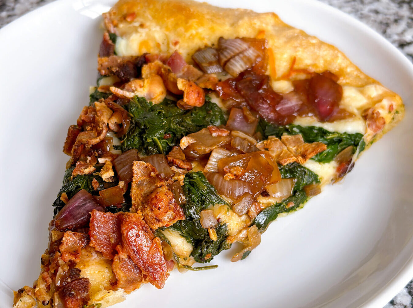 Caramelized Onion, Bacon and Spinach Pizza