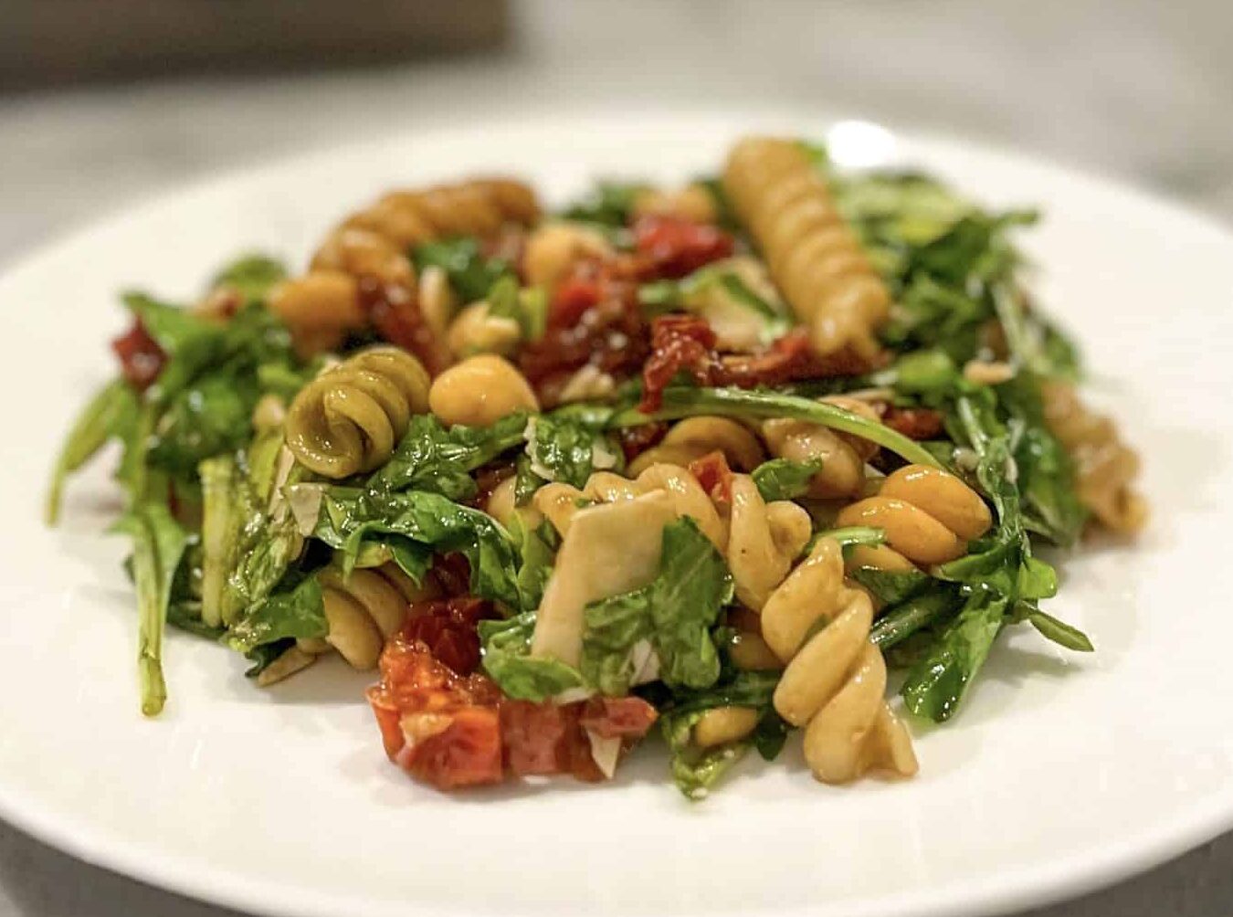 Arugula Pasta Salad with Chickpeas and Sun Dried Tomatoes