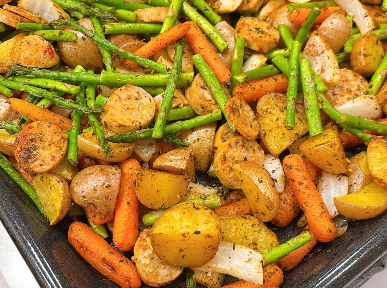 Roasted Garlic Potatoes, Asparagus, and Sausage