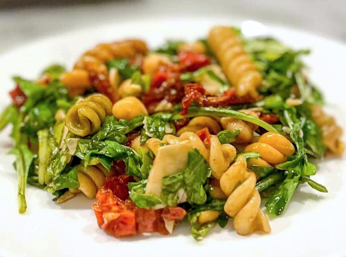 Arugula Pasta Salad with Chickpeas and Sun Dried Tomatoes