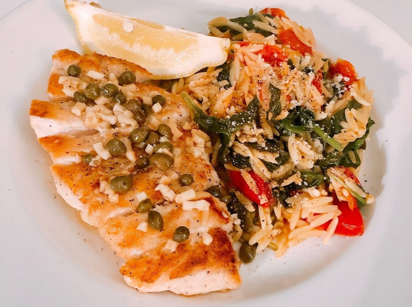 Chicken & Lemon-Caper Sauce with Orzo Pasta & Spinach
