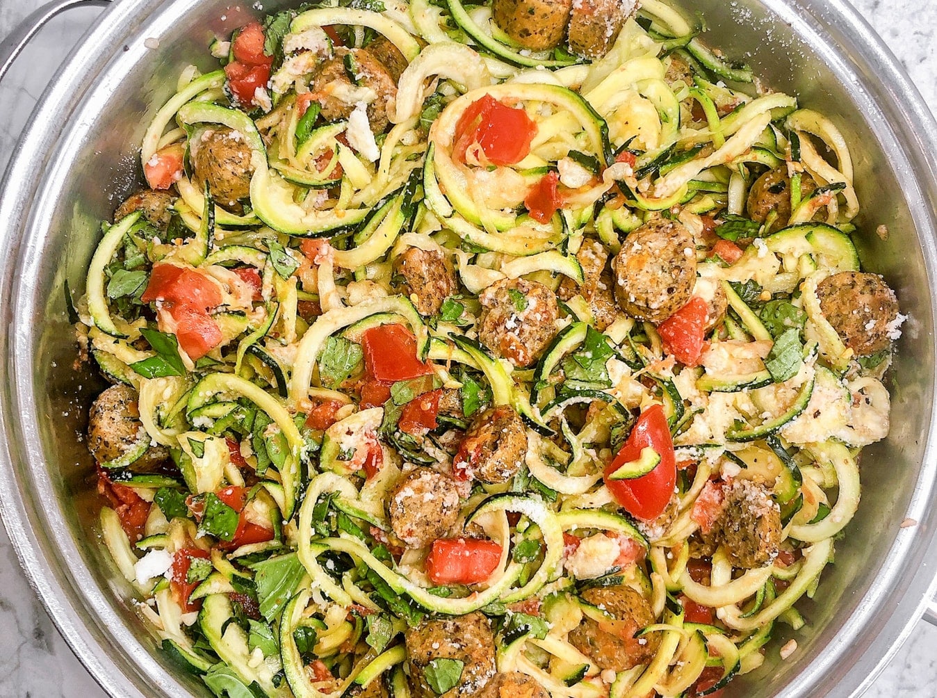 Zucchini Noodles with Chicken Sausage, Tomato, and Basil