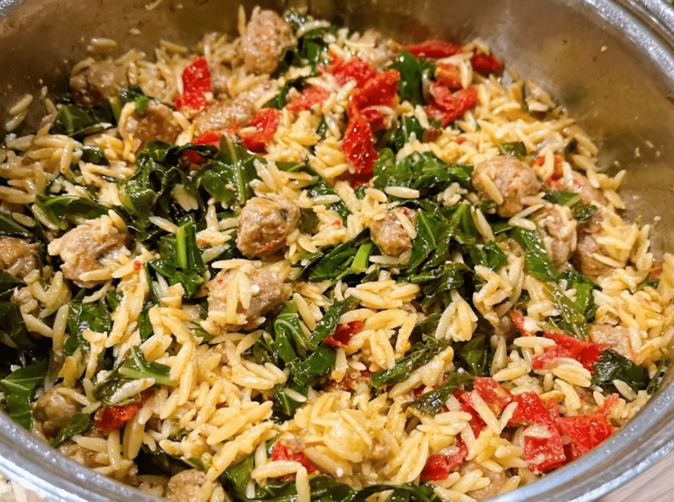 Orzo with Collard Greens, Sausage Meatballs and Sundried Tomatoes