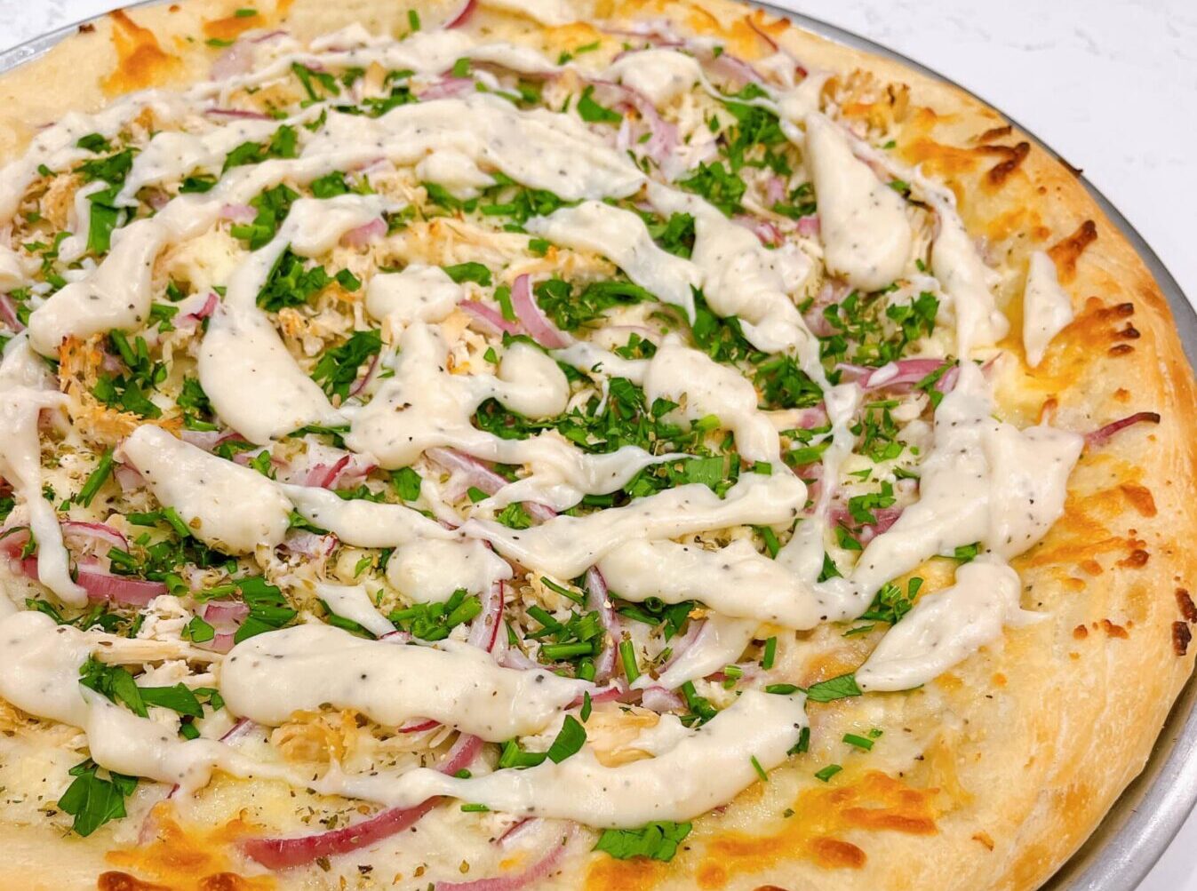 White Pizza with Chicken and Fresh Herbs