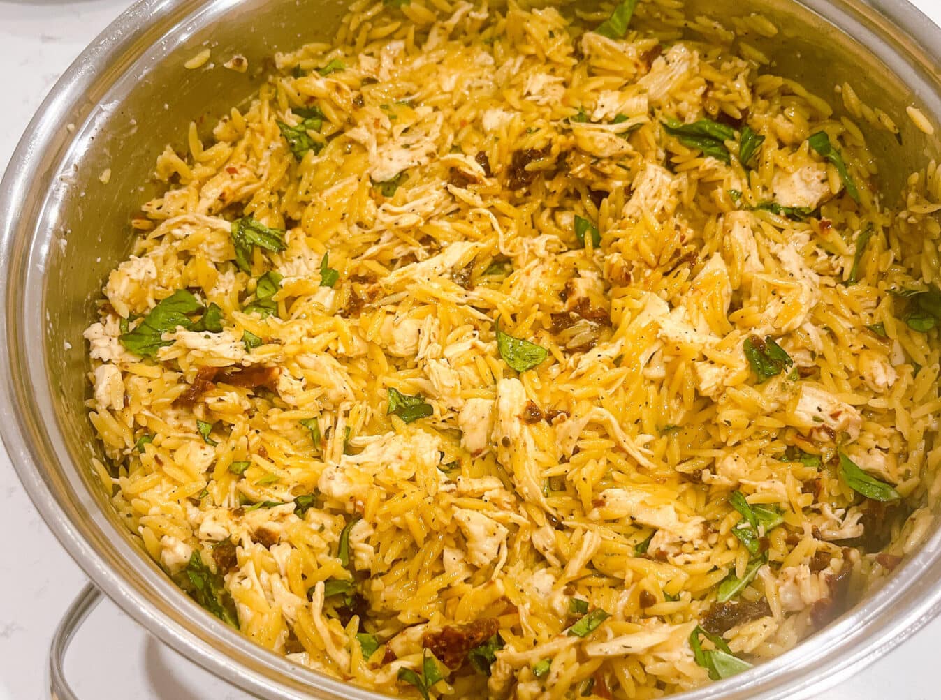 Sun Dried Tomato Basil and Parmesan Orzo with Chicken