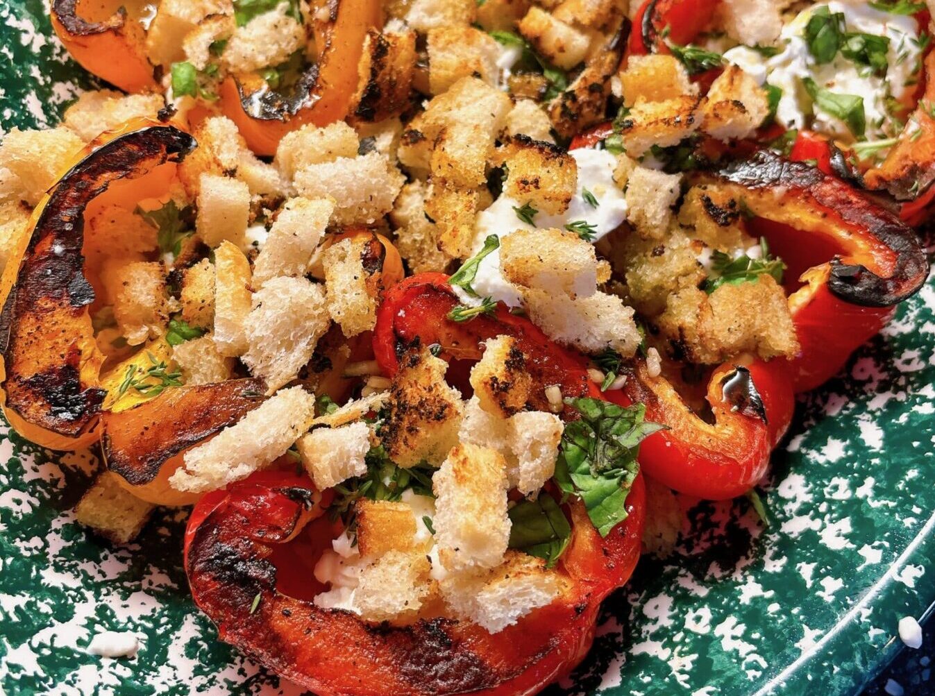 Grilled Marinated Peppers with Burrata and Breadcrumbs