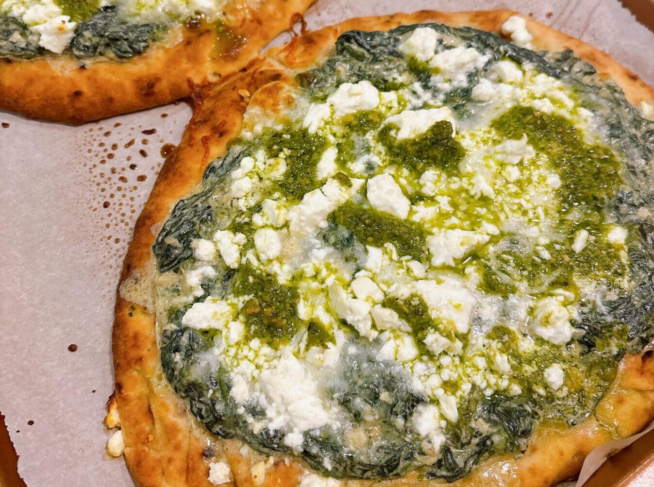 Three Cheese Pesto Spinach Flatbread Pizza