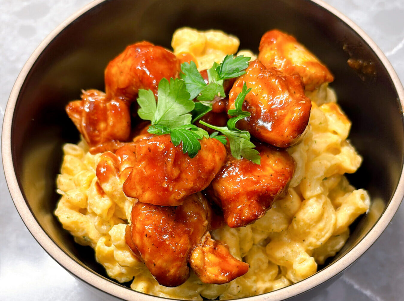 High Protein Honey BBQ Chicken Mac & Cheese