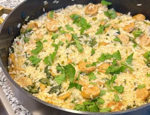 One Pan Cheddar Jalapeño Sausage & Rice Skillet